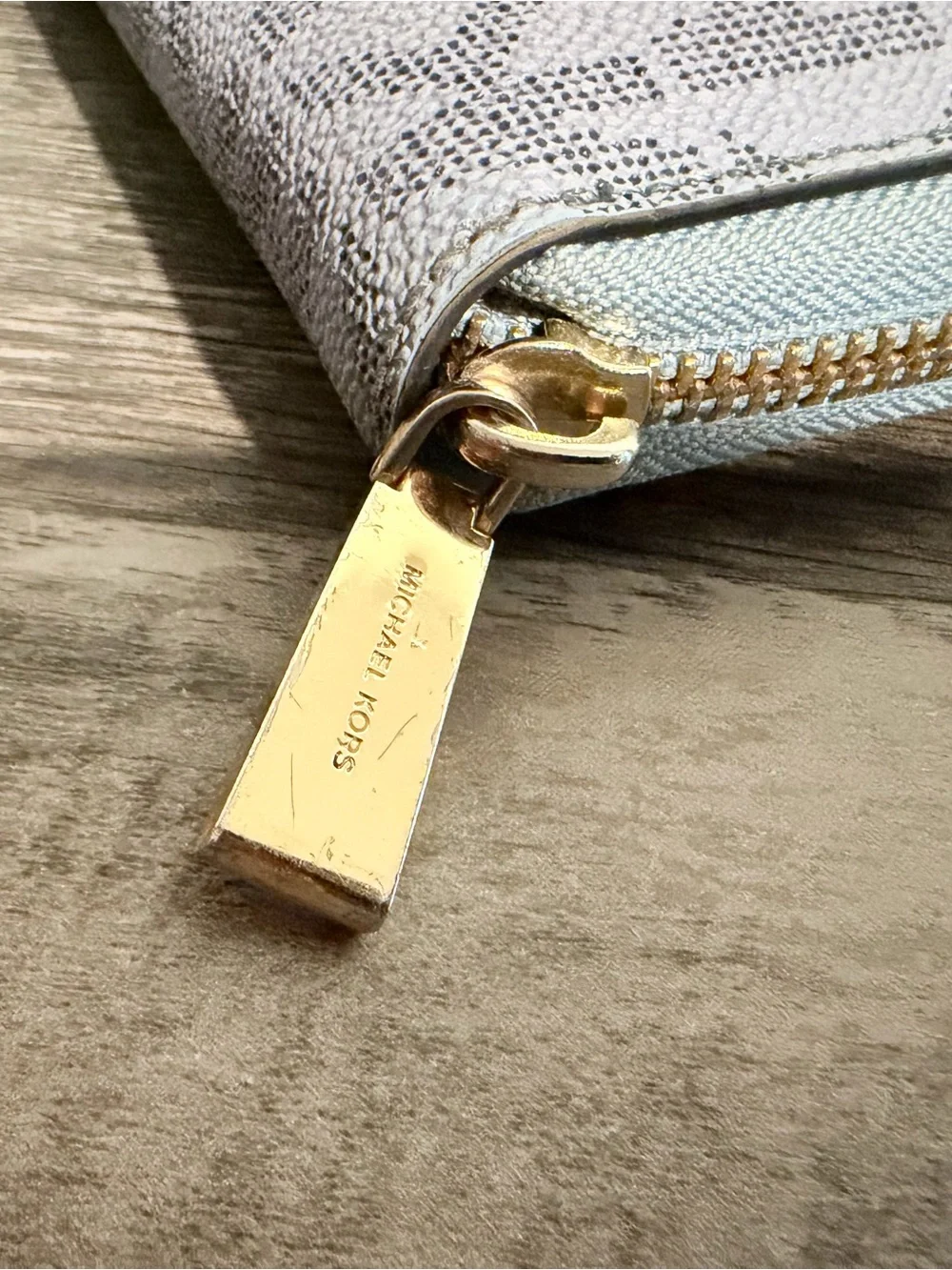 Michael Kors Two-Tone Logo Zip Wallet in Light Blue and White